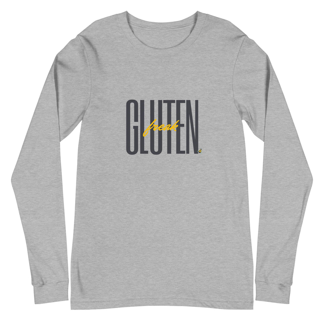 Gluten freak long sleeve tee crew neck in athletic heather grey, front view.