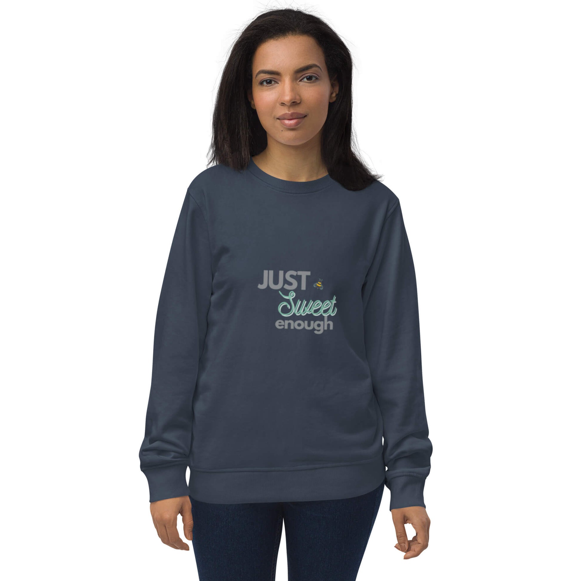 Just sweet enough cute and trendy sweatshirt in French navy blue, front view.