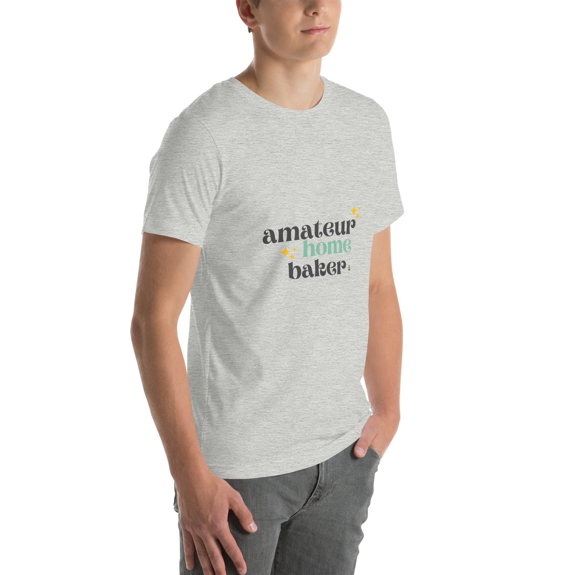 Amateur baker home baking T shirt in athletic heather grey, front side view.