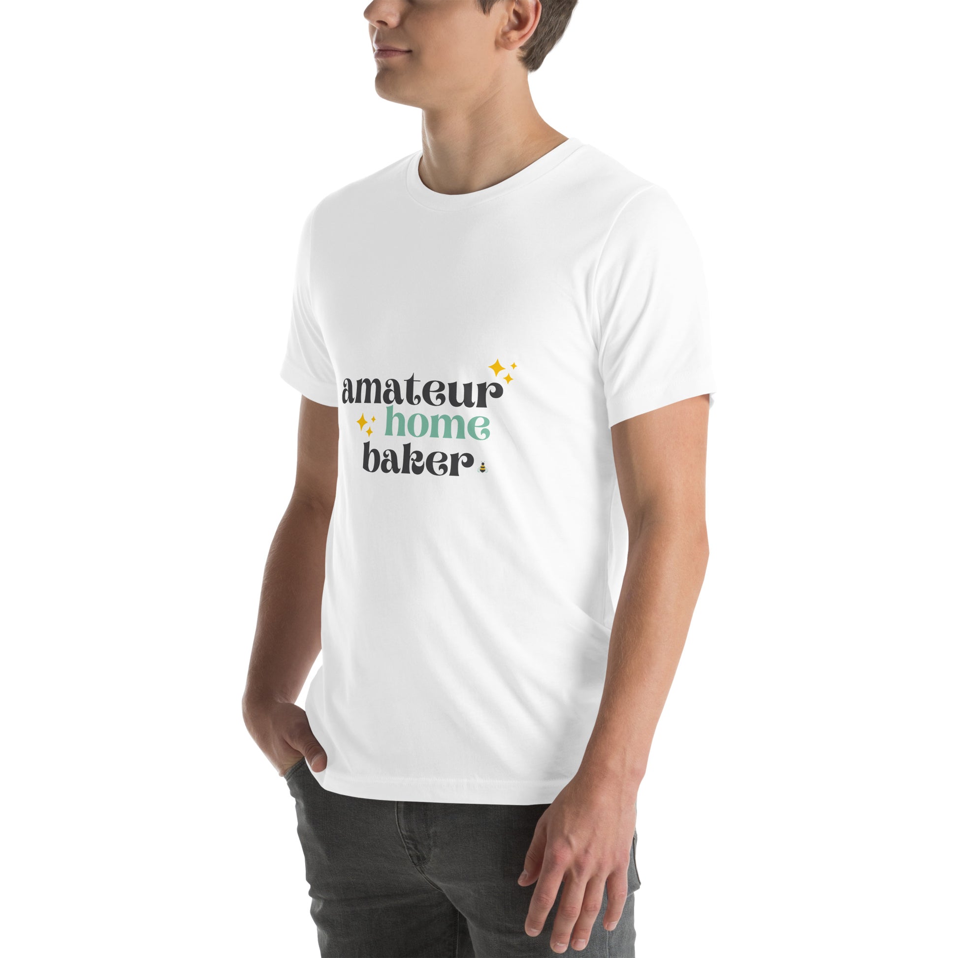 Amateur baker home baking T shirt in white, front side view.