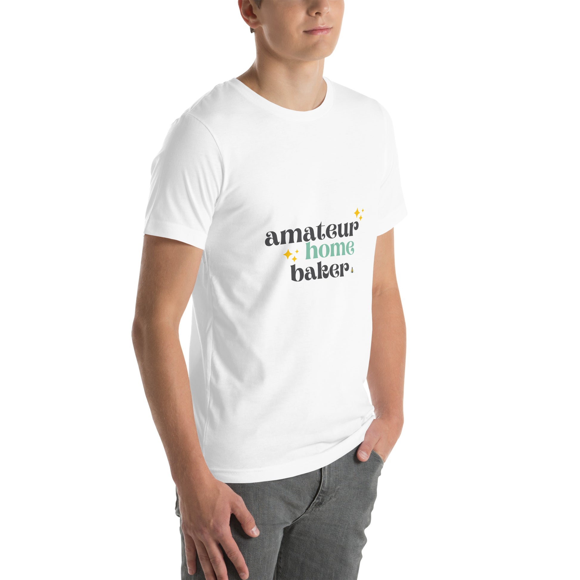 Amateur baker home baking T shirt in white, front side view.